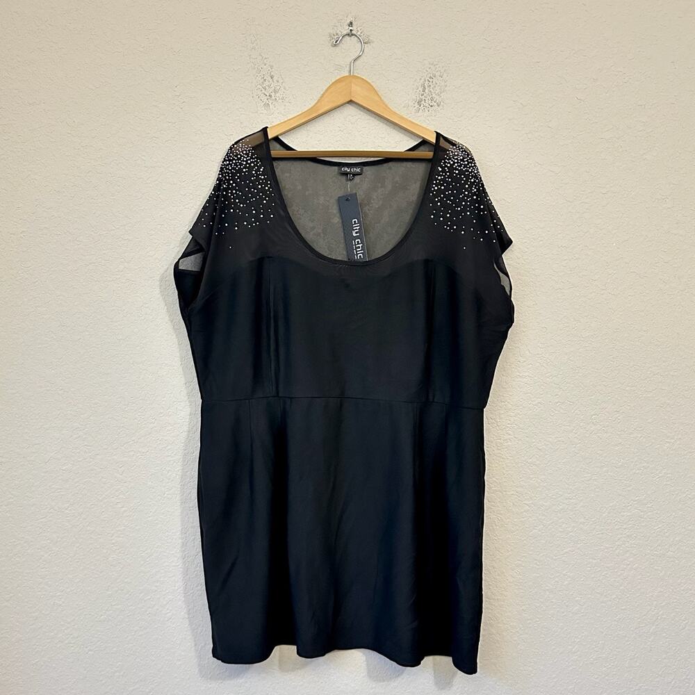 CITY CHIC Roxanne Mini Dress Womens XL Black Sheer Mesh Rhinestone Cocktail NWT